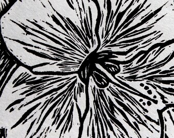Exotic Black and White Hibiscus Flower Linocut Print - Tamara