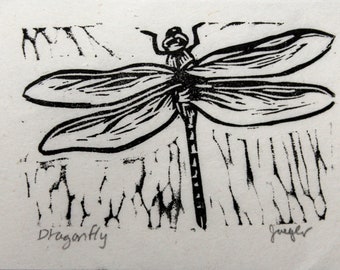 Dragonfly mini print linocut block print #223