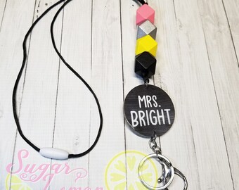 Personalized Teacher Lanyard, School Chalkboard, Pencil Beads, ID Badge Lanyard, Lanyard for Keys, Teacher Gift, Teacher Accessories, Wooden