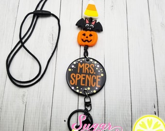 Teacher Lanyard, Pumpkin, Bat, Candy Halloween Theme, Spooky, Fall Season Lanyard, Teacher Gift, Happy Halloween, Silicone Beads, Cute Gift