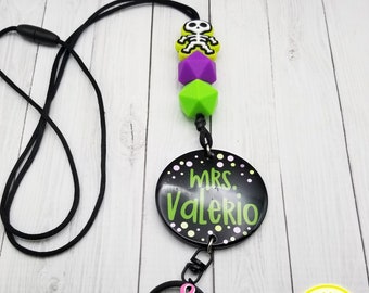 Teacher Lanyard, Skeleton, Halloween Theme, Spooky, Fall Season Lanyard, Teacher Gift, Happy Halloween, Silicone Beads, Cute Halloween
