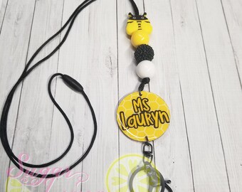 Teacher Lanyard, Bumblebee Lanyard, Honeycomb, Silicone Bead, Teacher Gift, Black and Yellow Bee Lanyard, Lanyard for Teachers, Honeybee