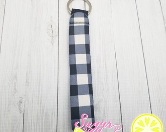 Black and White Plaid Checkered Neoprene Wristlet Keychain Lanyard Wrist Strap