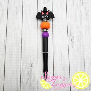 Halloween Beaded Pen, Silicone Bat and Pumpkin, Halloween Themed, Black Bat Beaded Pen, Halloween Bat Focal Beaded Pen, Plastic Barrel Pen