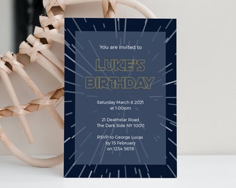 May include: A blue and white birthday invitation with a star wars theme. The invitation says "You are invited to Luke's Birthday" and includes the date, time, address, and RSVP information.