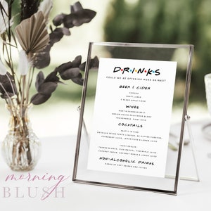 Modelo de menu de bar de bebidas com tema MONICA Friends - Personalize e imprima - Templett Download instantâneo