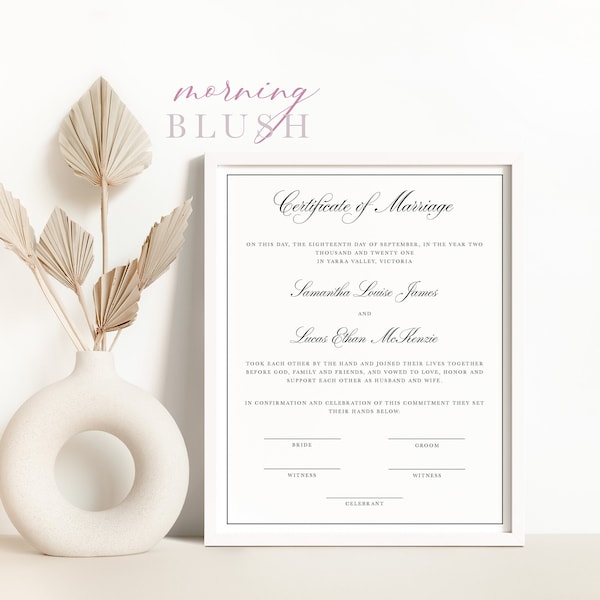 AMELIA Modern Classic Certificate of Marriage Template - Customise and Print - Templett Instant Download