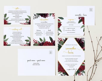 RUBY Floral Wedding Invitation Template Bundle – Customise and Print – Templett Instant Download