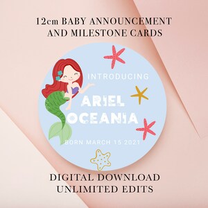 ARIEL Mermaid Ocean Theme Modelo de marco de anúncio de bebê - Personalizar e imprimir - Templett Download instantâneo