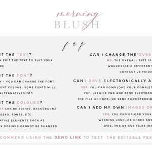 Pu&ograve; includere: Una grafica rosa e bianca con il testo "morning blush" in un font corsivo. La grafica include un elenco di domande frequenti sulla modifica e la personalizzazione di un design, tra cui il testo, il font, i colori, la dimensione complessiva, il salvataggio elettronico e l'aggiunta di immagini o foto. La grafica include anche il testo "Si consiglia di utilizzare il link demo per testare le funzionalit&agrave; modificabili."