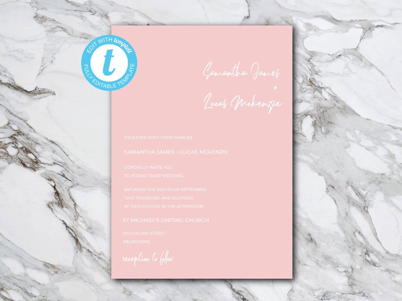Minimalist Blush Instant Download TEMPLETT DIY Wedding Invitation Template Customisable and Printable