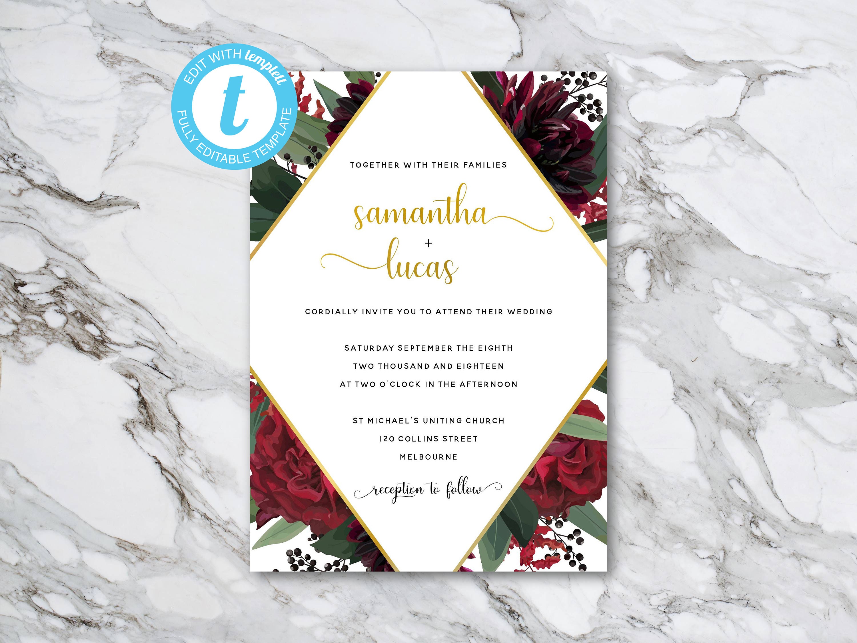 RUBY Floral Wedding Invitation Template Bundle – Customise and Print ...