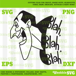 May include: Black and white digital illustration of a cartoon character with a large nose and a wide grin, saying "Blah" repeatedly. The character is wearing a black suit and has a white collar. The image is suitable for crafting projects.