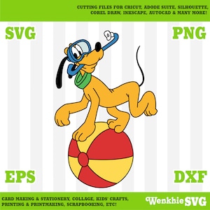 May include: A cartoon illustration of a yellow dog wearing a blue scuba mask and snorkel, standing on a red and yellow beach ball. The dog is smiling and has a green collar.