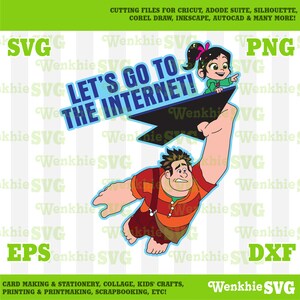 May include: A digital cut file featuring Wreck-It Ralph and Vanellope von Schweetz from the Disney movie Wreck-It Ralph. The characters are flying on a black arrow with the text "Let's go to the internet!" in blue and white. The file is available in SVG, PNG, DXF, and EPS formats.