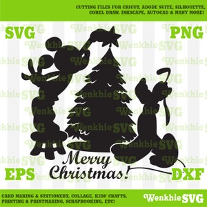 May include: Black and white silhouette of Mickey Mouse and Pluto decorating a Christmas tree. The text "Merry Christmas!" is below the image.