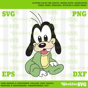 Könnte beinhalten: Eine Cartoon-Illustration eines Babys Goofy, das mit gekreuzten Beinen sitzt. Er trägt einen grünen und gelben Strampler. Der Hintergrund besteht aus grünen und weißen Streifen.