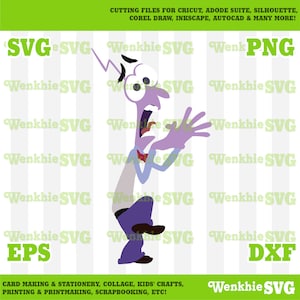 May include: A purple and blue cartoon character with a shocked expression, wide eyes, and a mouth open in a scream. The character is wearing a white shirt with a red bow tie and blue pants. The character is standing with one leg bent and the other leg straight. The background is a striped pattern of white and light green.