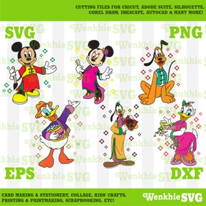 May include: Digital cut files for crafting featuring Mickey Mouse, Minnie Mouse, Donald Duck, Goofy, and Pluto dressed in traditional Chinese clothing. The characters are surrounded by red and gold confetti.