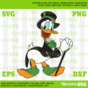 May include: A cartoon illustration of a duck wearing a green top hat, a black tuxedo, and a green bow tie. The duck is holding a cane in its right hand and is walking with its left leg forward. The duck is white with a yellow beak and orange feet.