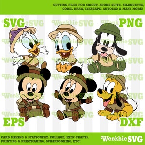 May include: A set of six digital cut files featuring cartoon characters dressed in explorer outfits. The characters include Mickey Mouse, Minnie Mouse, Donald Duck, Goofy, and Pluto. The files are available in SVG, PNG, DXF, and EPS formats.