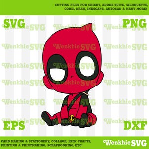 May include: A red and black cartoon illustration of a baby Deadpool sitting with his legs crossed. The character has a black eye mask and a red and black suit with a belt and a sword.