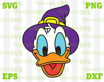 May include: A purple witch hat with a yellow band sits on top of a cartoon duck's head. The duck has large blue eyes, an orange beak, and a red smile. The image is a digital cut file for crafting projects.
