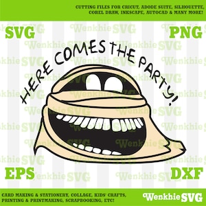 Könnte beinhalten: Eine digitale Illustration eines Cartoon-Monsters mit einem weit geöffneten Mund und einem breiten Grinsen. Das Monster trägt einen braunen und weißen gestreiften Hut. Der Text "HERE COMES THE PARTY!" ist in handschriftlicher Form über dem Monster geschrieben.