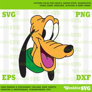 May include: A digital cut file of Pluto, a cartoon dog with a big smile, in a yellow and orange color scheme. The file is available in SVG, PNG, DXF, and EPS formats.