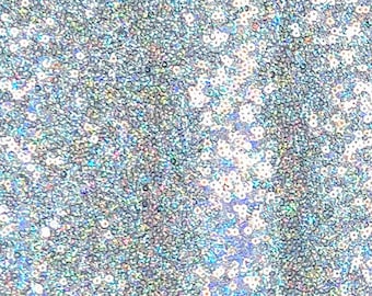 Silver Iridescent Sequin Fabric, Silver Hologram Full Sequin Fabric, Silver Iridescent Glitz Sequin on Mesh, Sequin Fabric by the Yard