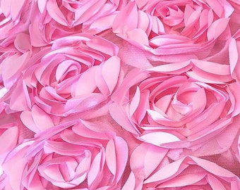 3D Rosette Fabric, 3D Rose Fabric, Pink Rosette on Mesh Fabric, Light Pink Satin Rosette Bouquet Flower,  Pink Peony fabric, Wedding Decor