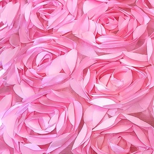 3D Rosette Fabric, 3D Rose Fabric, Pink Rosette on Mesh Fabric, Light Pink Satin Rosette Bouquet Flower,  Pink Peony fabric, Wedding Decor