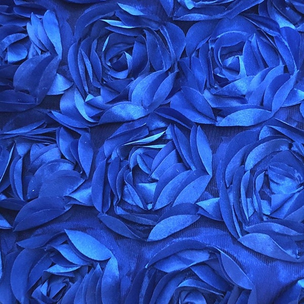 3D Rosette Fabric, Royal Blue Rosette on Mesh Fabric, 3D Rose Fabric, Blue Satin Rosette Bouquet Flower Cobalt Blue Peony fabric by the Yard