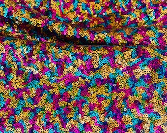 Multi Color Sequin Fabric, Rainbow Color Glitz Sequin Fabric, Rainbow Sequins on Black Mesh Fabric, Muli Color Sequins Fabric by the Yard