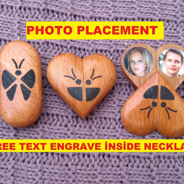 collana di film illusionisti, medaglione illusionista, scomparto segreto, foto immagine cuore legno farfalla personalizzata