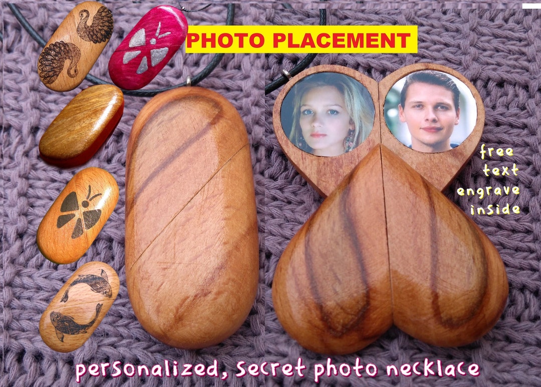 photo picture necklace  wooden  personalized heart locket pendant  custom secret compartment for women men butterfly fish swan illusionist