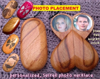 Foto Bild Halskette Holz personalisierte Herz Medaillon Anhänger benutzerdefinierte Geheimfach für Frauen Männer Schmetterling Fisch Schwan Illusionist