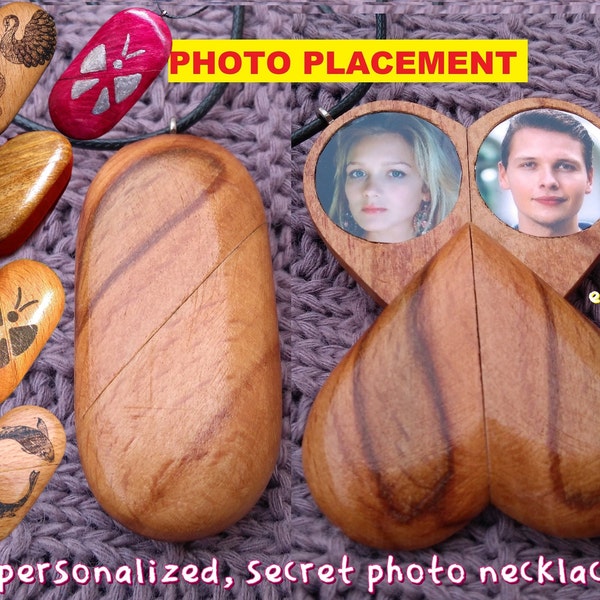 Foto foto collar de madera personalizado corazón medallón colgante personalizado compartimento secreto para mujeres hombres mariposa pez cisne ilusionista