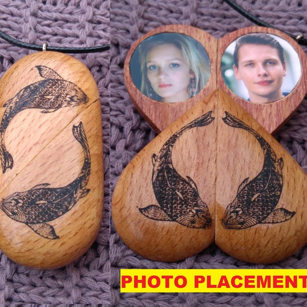 illusionist locket fish necklace pendant  personalized wooden secret photo compartment locket koi