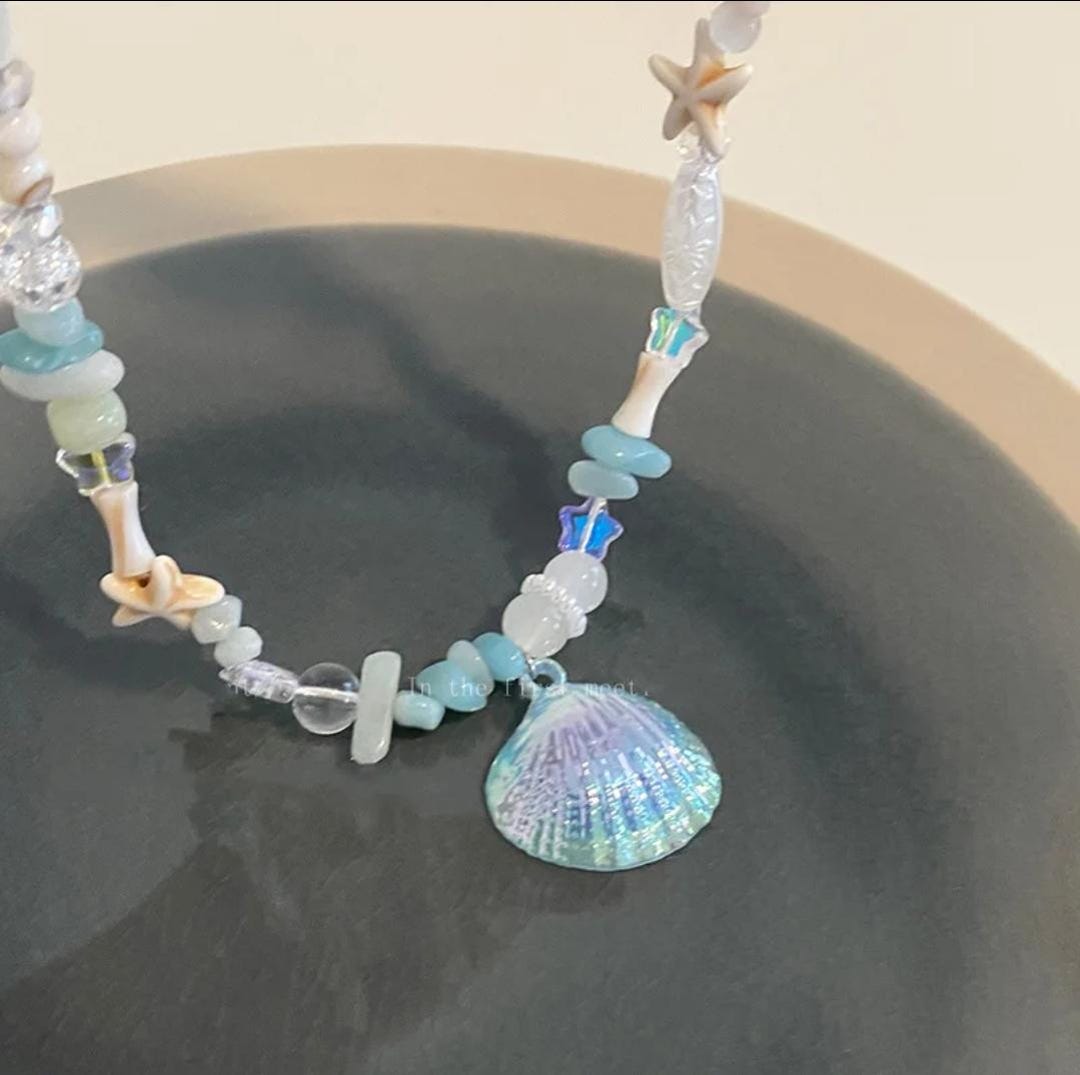 Sea Blue Shell Necklace / White Starfish / Pearl Necklace Shell