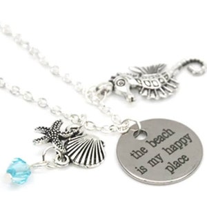 Beach Lover&#39;s Charm Necklace - Seahorse, Shell, Starfish, and Blue Crystal Pendant - &#39;The Beach is My Happy Place&#39; Quote Necklace - Ocean In