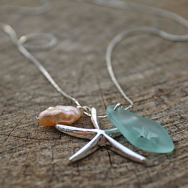 Sea Necklace/ silver starfish Necklace/ Ocean Sea Glass pearl/ Beach Necklace/ Sea Star Jewelry/ Bridesmaid