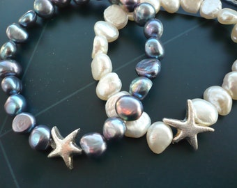Freshwater pearl bracelet with real silver starfish, handmade, gift girlfriend, real pearl bracelet,