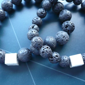 Lava Stone Bracelet Real Silver Cube,Black Lava Stone Band,Lava Jewelry,Handmade Lava Stone Bracelet,Modern Bracelet