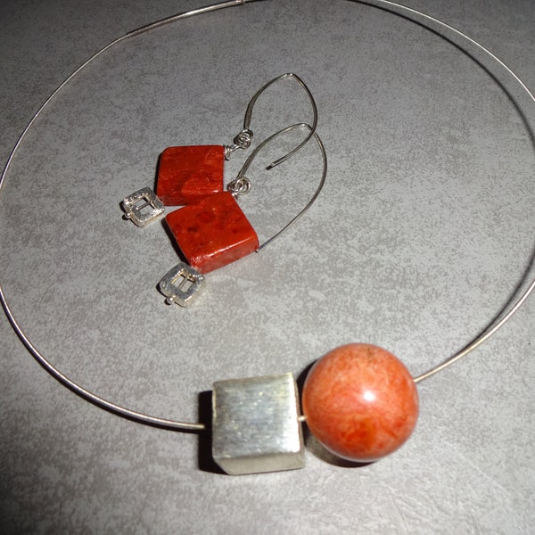 Stylish modern necklace with large red foam coral ball and cube, change of necklace, modern necklace, necklace, gift