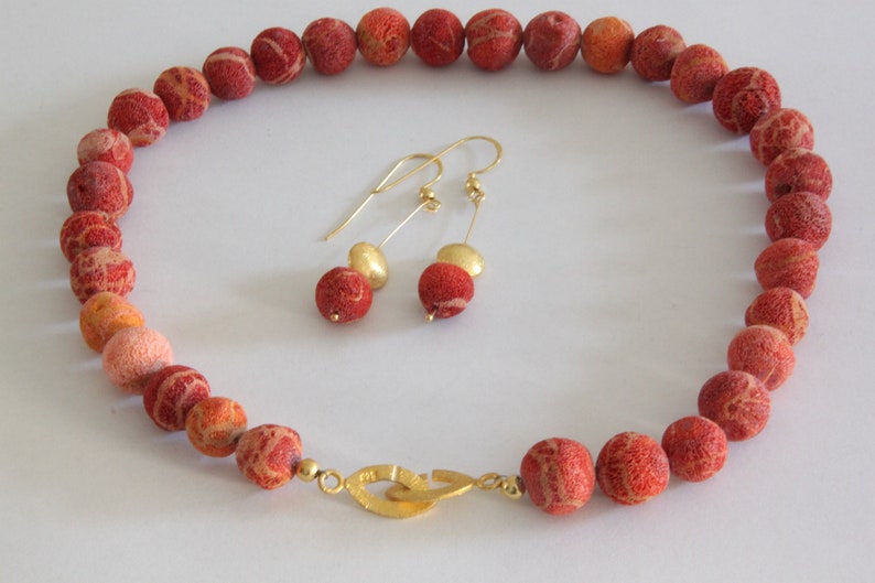 Handmade foam coral necklace with genuine silver gold plated navette clasp