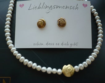 Handgefertigte Süßwasser-Perlenkette mit Echt Silber vergoldeter Schnecke,Einzelstück,Geschenk,Pearl necklace,Echte Perlenkette,Muttertag