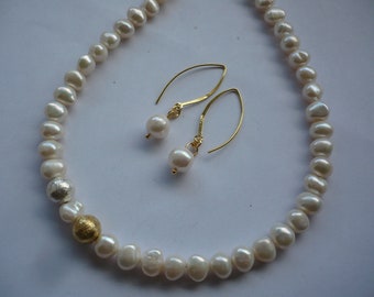 Süßwasser Perlenkette mit Echt Silber Kugeln Bi-Colour,Handgefertigte Perlenkette,Braut Schmuck,Perlenkette Hochzeit,Geschenk für Hochzeit