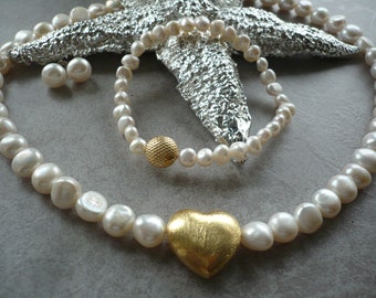 Echte Perlenkette mit Echt Silber verg.Herz,,klassisch-moderne Perlenkette,Perlenkette Hochzeit,Einzelstück,Geschenk für Sie,Halskette