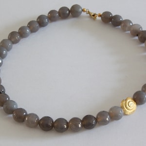 grey gemstone necklace with real silver plated snail, handmade necklace, gemstone necklace, agate stone necklace handmade,